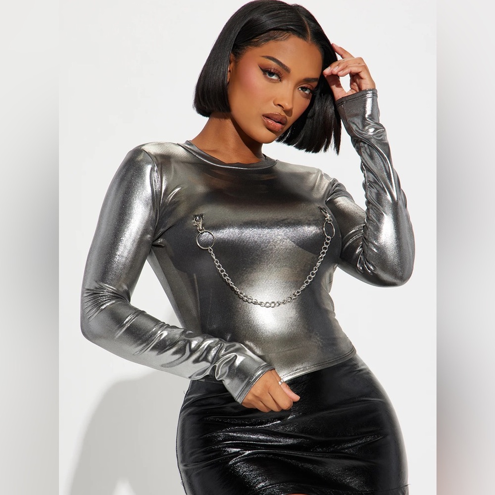 Fashion Nova Shimmering Silver Long Sleeve Top